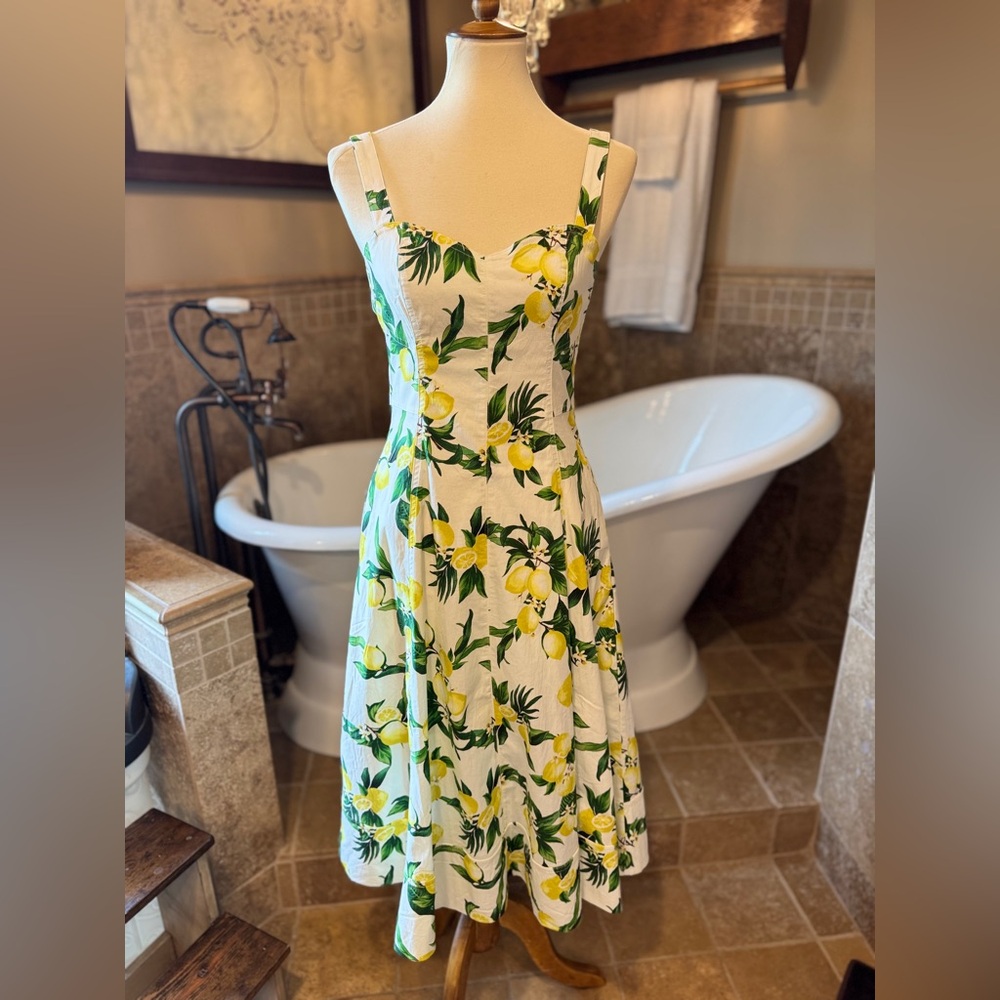 NWT Avec Les Filles Lemon Print Pockets Cotton-Blend Sweetheart Midi Dress 6 - Picture 4 of 8